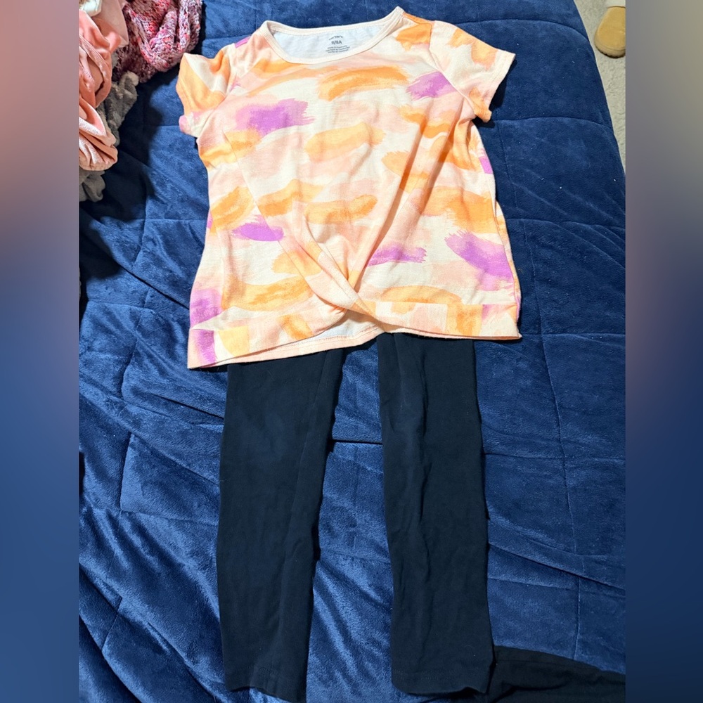 Lot: Carter's Black Leggings with colorful tee, pj short, black athletic skirt